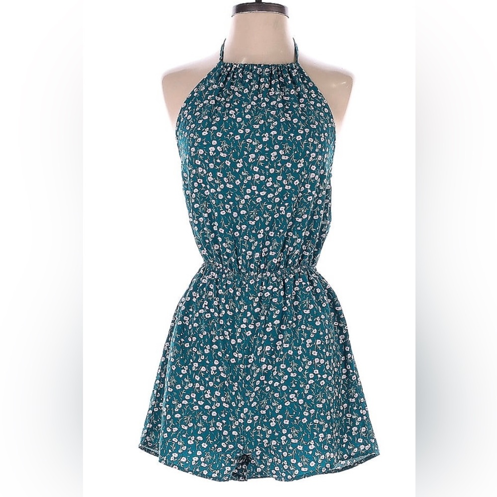 SHEIN Sleeveless Floral Print Halter Backless Romper - Teal - Small